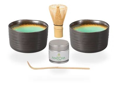 Produktbild von Matcha Set / Matchaset / 2x Matcha Schale 500ml anthrazit/türkis, mit Besen/Löffel und Tee