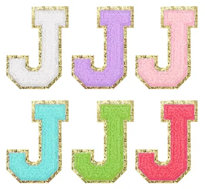 Produktbild von Chenille-Buchstaben zum Aufbügeln - Selbstklebend mit Glitzer-Goldrand - Für Kleidung Taschen Laptop und Handyhülle - 6 Stück Buchstabe J