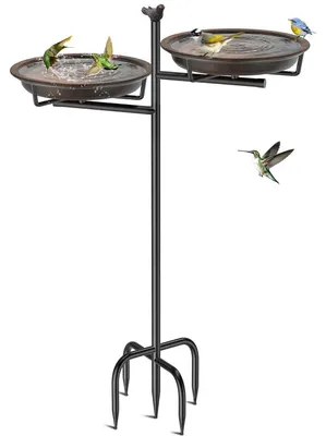 Productafbeelding van Vogeldrinkbak, vogelbad, vrijstaand, 2-in-1, dubbelreservoir, metaal, retro, bruin