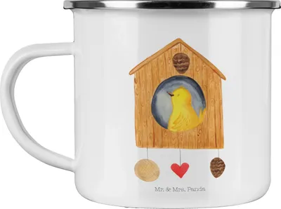 Produktbild von Mr. & Mrs. Panda Teetasse Vogel Haus - Weiß - Geschenk, Haferl, Zuhause, Vogelhaus, becher emaille, Kaffeepott, Lustige Sprüche, Emailletasse, Wohnung, Pott, Familie