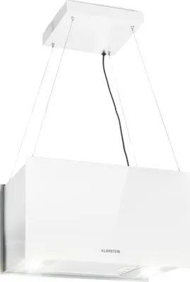 A white island range hood suspended from the ceiling by wires.
