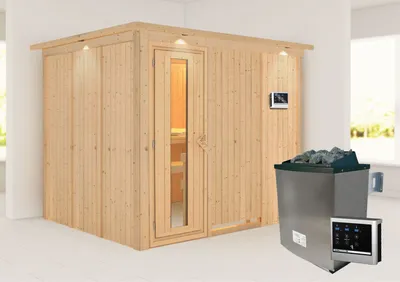 Produktbild von Karibu Sauna Innensauna Gobin Fronteinstieg Ofen 9 KW externe Strg easy 245x210x202 cm mit Dachkranz mit Energiespartür