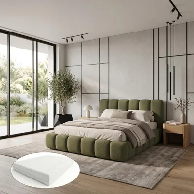 Produktbild von Ankado Polsterbett 180x200 cm - mit Matratze H3/H4 20 cm - Metall-Lattenrost - Bettkasten - Bouclé-Stoff Quelle 38 Grün