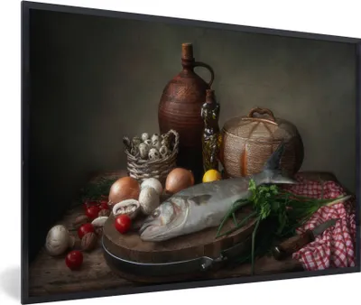 Produktbild von MuchoWow® Gerahmtes Poster Rustikal - Fisch - Stilleben - Gemüse - Kräuter 30x20 cm - Poster mit Schwarzem Bilderrahmen Wandposter Rahmen Foto Bilder - Kunstdruck - Bild-Poster