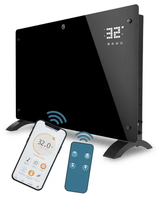 Obrázok produktu pre Elektrické konvektorové kúrenie Peviasot, 2500 W, čierna farba. Vybavené Wi-Fi aplikáciou, dotykovým ovládaním, LED displejom, nastaviteľnou teplotou (5–50 °C), 24h časovačom, ochranou IP24 a je mobilné vďaka kolieskam