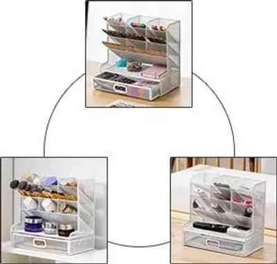 Produktbild von Mesh Büro Organizer Multifunktionale Stiftehalter Schreibtisch Aufbewahrung für Schule Zuhause Büro Kunstbedarf (Mesh Stiftehalter weiß mit Schublade)