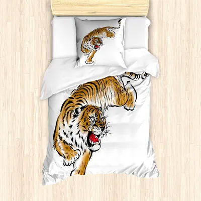 Produktbild von ABAKUHAUS Tiger Mantele, Japanische Hand gezeichnet, Milbensicher Allergiker geeignet mit Kissenbezügen, 135 cm x 200 cm - 80 x 80 cm, Schwarz Pale Brown