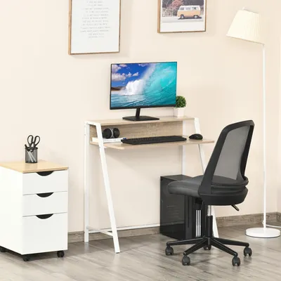 Produktbild von Schreibtisch mit Kabelmanagement, Computertisch Ablage, MDF Metallgestell Weiß-Eiche | 84x45x85 cm | Arbeitshöhe 71,5 cm | 20 kg