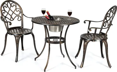 A bistro set with a table and two chairs, set against a white background.