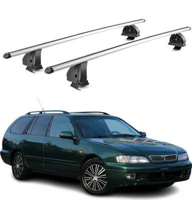 Productafbeelding van Aluminium dakkapdragers voor Nissan Primera I hatchback/combi, modeljaren 1990-1996, met T-gleuf, 2-delig, zilverkleurig