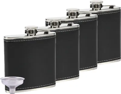 Image de bouteille d'alcool 8 Oz et entonnoir, Lot de 4, Bouteille de poche en acier inoxydable anti-fuite avec doublure en similicuir noir