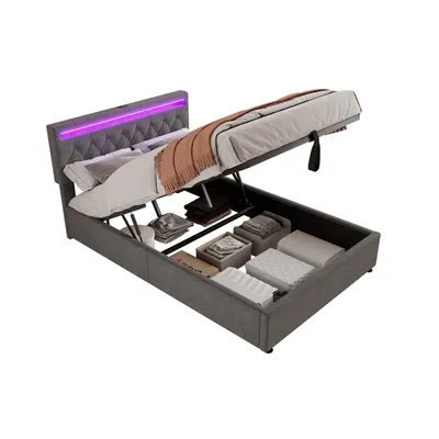 Produktbild von Polsterbett mit LED-Beleuchtung, 140x200 cm, gepolsterter Kopfteil höhenverstellbar, Doppelbett, Leinen