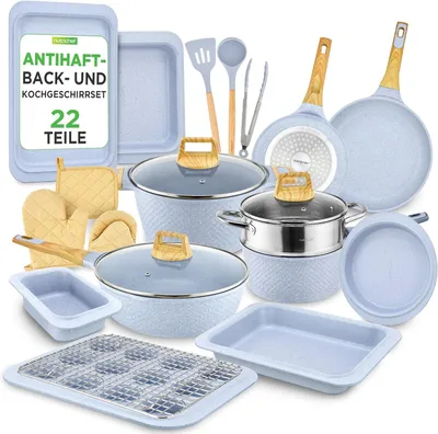 Produktbild von NutriChef Set mit 22 Küchen- und Backutensilien | Professionelle Sammlung für den Haushalt mit Töpfen, Pfannen in verschiedenen Größen, Antihaft- und