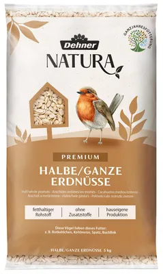Immagine prodotto di Dehner Natura Premium cibo per uccelli selvatici, mezze arachidi / arachidi intere senza guscio, cibo per tutto l'anno ad alto contenuto proteico / ad alto contenuto energetico, cibo di alta qualità per uccelli selvatici, 5 kg