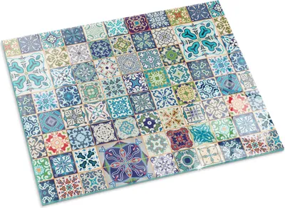 Produktbild von Mosaikmuster auf Fliesen – Glasbodenplatte für – Kaminofen – Kaminplatte Glas – Schutzglas – Funkenschutzplatte –Glasbodenplatte Feuerfeste – Hitzeschutzplatte – Bodenschutz aus Glas – 80x60 cm