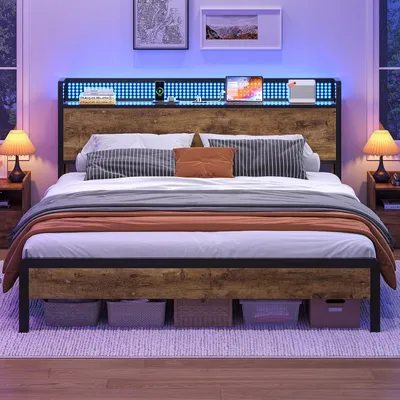 Produktbild von AODEMOKO Metallbett mit LED-Beleuchtung und Ladestation, Holzkopfteil mit Stauraum, 160X200cm, Vintage Braun