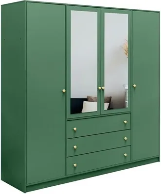 Produktbild von BETTSO-Drehtürenschrank Kleiderschrank mit 4 Türen und 3 Schubladen mit Spiegel und Goldmatte Metallgriffe Pastellfarben Garderobe Dielenschrank Schlafzimmerschrank-Rainbow II 196 cm Flaschengrün