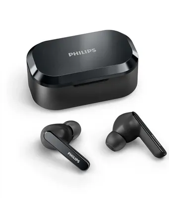 A pair of black Philips wireless earbuds and their charging case are displayed on a white background.