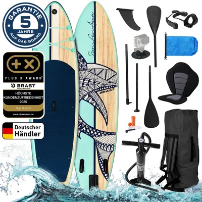 Produktbild von BRAST SUP Board Shark | Aufblasbares Stand up Paddle Set | 320x81x15cm | 8 Designs | inkl. Sonderzubehör | 2in1 Paddel Kajak-Sitz Action-Cam-Halterung Fußschlaufe Pumpe Rucksack | Natural