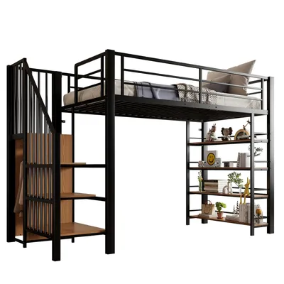 Produktbild von Hochbett(Schwarz,90*200)mit Sicherheitstreppe, Stauraum und kleinem Kleiderschrank, Einlegeböden, hohes Zaundesign, Einzelbett, Jugendbett