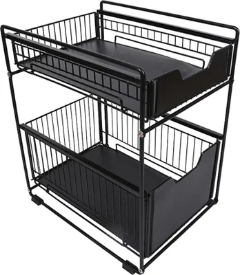 Image de Étagère d'évier Étagère de cuisine à emboîter avec 2 paniers extensibles Tiroir(Noir,37.4*28*44cm)