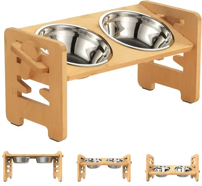 Zdjęcie produktu dla Podwyższona miska dla zwierząt domowych, bambus i stal nierdzewna, regulowana wysokość od 6,5 do 18 cm, średnica miski 14,5 cm, pojemność 530 ml