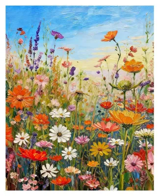 Zdjęcie produktu dla Malowanie po numerach dla dorosłych. Kwiaty. Słoneczna łąka kwiatowa. Wymiary: 40 x 50 cm. Zestaw do rękodzieła zawierający płótno, farby akrylowe i 3 pędzle
