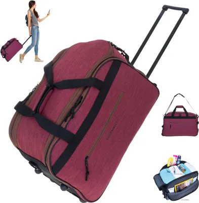 A collage of images showing a burgundy duffel bag with wheels, a person using a similar bag, and the bag's interior.