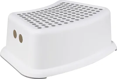 A white plastic step stool with a gray perforated top surface.