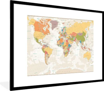 Produktbild von MuchoWow® Gerahmtes Poster Weltkarte - Retro - Farben - Pädagogisch - Statistisch 80x60 cm - Poster mit Schwarzem Bilderrahmen Wandposter Rahmen Foto Bilder - Schlafzimmer-Dekorationen - Fotoposter