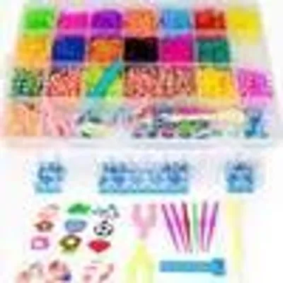 Produktbild von Loom Bänder Bastelset für Armbänder, 4400 Regenbogenfarben Bänder, inklusive Webrahmen und Haken, mit Aufbewahrungsbox (23 Fächer), aus umweltfreundlichem Kautschukharz & EVA, 35x22x4.5
