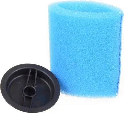 A blue foam filter and a black plastic cap are shown against a white background.