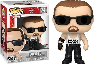 A Funko Pop! vinyl figure of the wrestler Diesel, shown both in its packaging and outside of it.
