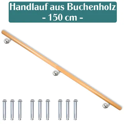 Obrázok produktu pre Bukové drevené madlo Schodiskové zábradlie Zábradlie pre schody Nástenné madlo Bočná montáž na stenu Výber dĺžky 50 – 500 cm, dĺžka: 150 cm