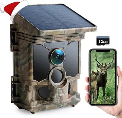 Zdjęcie produktu dla Kamera dzika, kamera obserwacyjna przyrody, obserwacja zwierząt, zasilanie słoneczne i Wi-Fi, rozdzielczość 4K, 68 megapikseli, kamuflaż