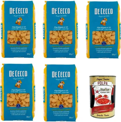 Produktbild von De Cecco Pipe Rigate N°49, 100% Italienisch Pasta Nudeln 5x 500g + Italian Gourmet Polpa 400g