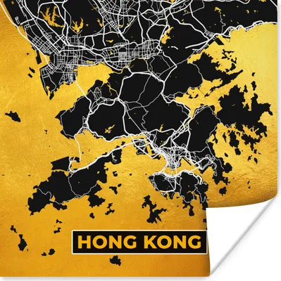 Produktbild von MuchoWow® Poster Hongkong - Gold - Stadtplan - Karte 100x100 cm - Babyzimmer
