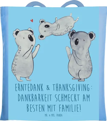 Produktbild von Mr. & Mrs. Panda Jutebeutel Erntedankfest & Thanksgiving - Sky Blue - Geschenk, Schultasche, Jutetasche, Tasche, Laptoptasche, Stoffbeutel, Familie, Dankbarkeit, Feiertag