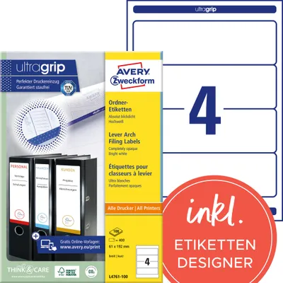 Produktbild von Avery Zweckform L4761-100 Ordner-Etiketten, A4 mit ultragrip, 61 x 192 mm, 100 Bogen/400 Etiketten, weiß