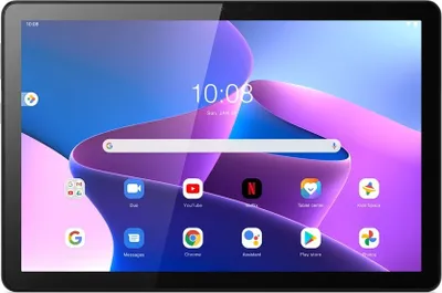 A tablet displaying its home screen with various app icons and a search bar.