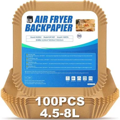 Obrázek produktu pro Pečicí papír, 100 kusů, 4,5–8 l, XXL čtvercový, 20 cm, pro horkovzdušnou fritézu, jednorázové misky