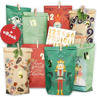 Imagen del producto de Calendario de adviento para rellenar - Bolsitas de papel de adviento con clips de madera - Calendario de Navidad para hacer tú mismo y rellenar