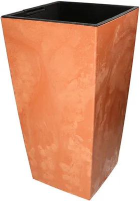 A tall, square planter with a tapered shape and a textured, terracotta-like finish. It has a black inner liner.