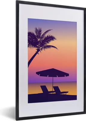 Produktbild von MuchoWow® MuchoWow® Gerahmtes Poster Strandkorb - Sonnenschirm - Palme - Nacht 40x60 cm - Poster mit zchwarzem Bilderrahmen - Poster in Rahmen