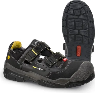 A pair of black safety sandals is shown against a white background. One sandal is shown from the side, and the sole of the other sandal is shown from underneath.