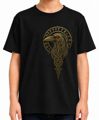 Image de T-shirt pour enfants, noir, avec des motifs vikings, des runes, des nœuds celtiques, des éléments nordiques, et des références à Valhalla/Walhalla. Taille : 104