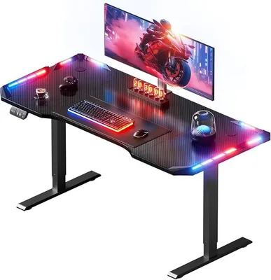 Produktbild von Höhenverstellbarer Schreibtisch 160 x 60 cm, Gaming Tisch mit LED, Elektrischer Schreibtisch, Steh-Sitz Tisch mit Kohlefaseroberfläche, Elektrisch Computertisch mit Funktions-Memory, Schwarz