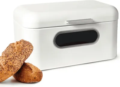 Produktbild von Brotkasten aus Metall mit Sichtfenster Brotkorb Aufbewahrung für Brot und Brötchen weiß mit Klappdeckel und Lüftung