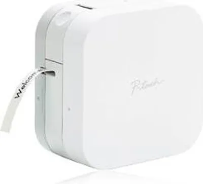 A white Brother P-touch P300BT Cube Bluetooth label maker is shown from a slight angle.