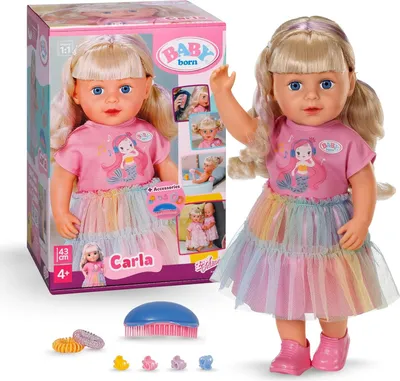 Produktbild von BABY born Carla  hat  langes, hochwertiges Haar und bringt 7 Accessoires zum Stylen mit.